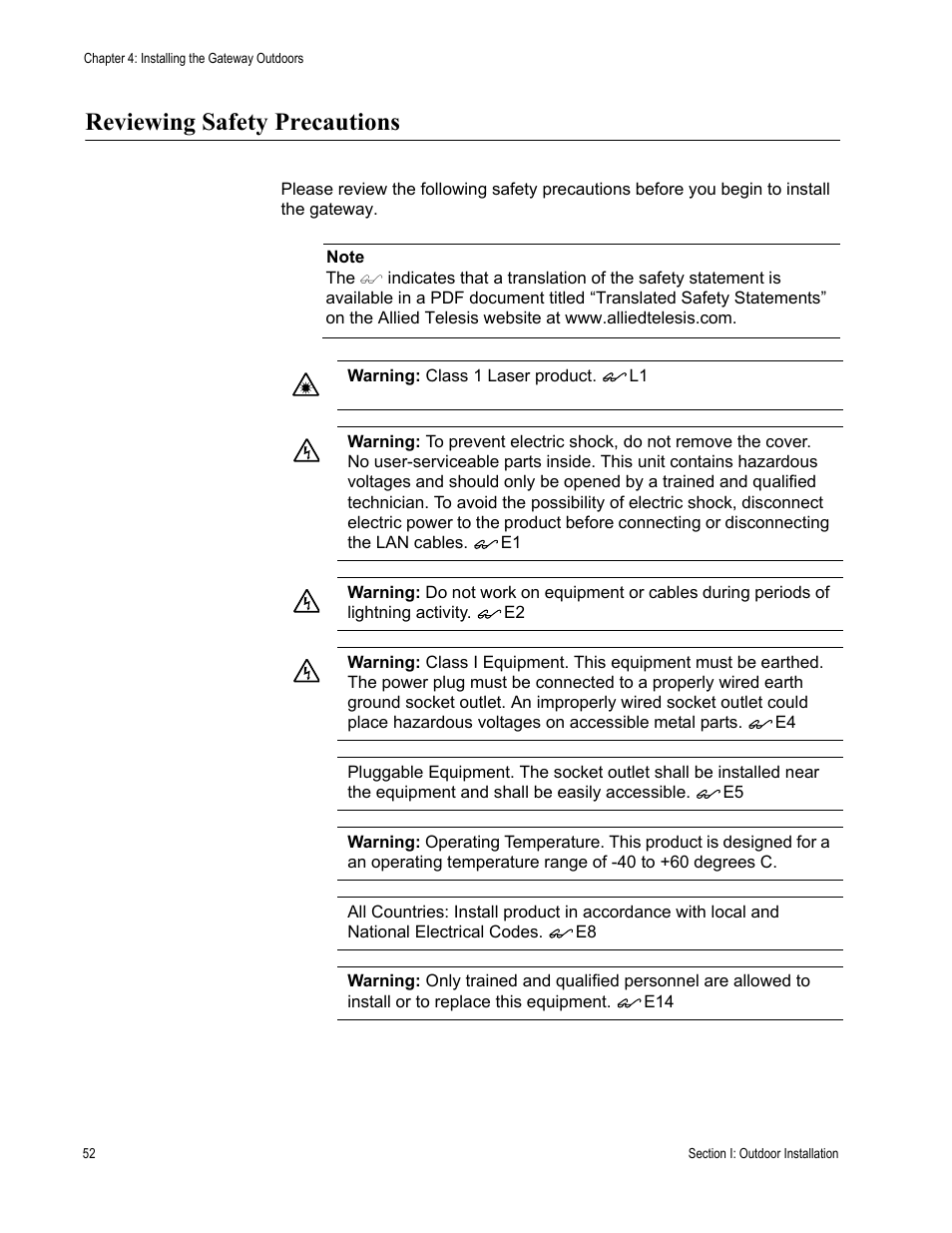 Reviewing safety precautions | Allied Telesis AT-iMG646PX-ON User Manual | Page 52 / 98