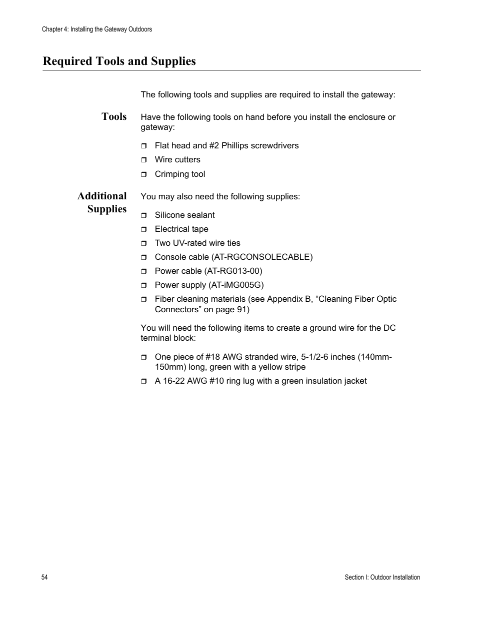 Required tools and supplies, Tools, Additional supplies | Tools additional supplies | Allied Telesis AT-iMG646PX-ON User Manual | Page 54 / 98