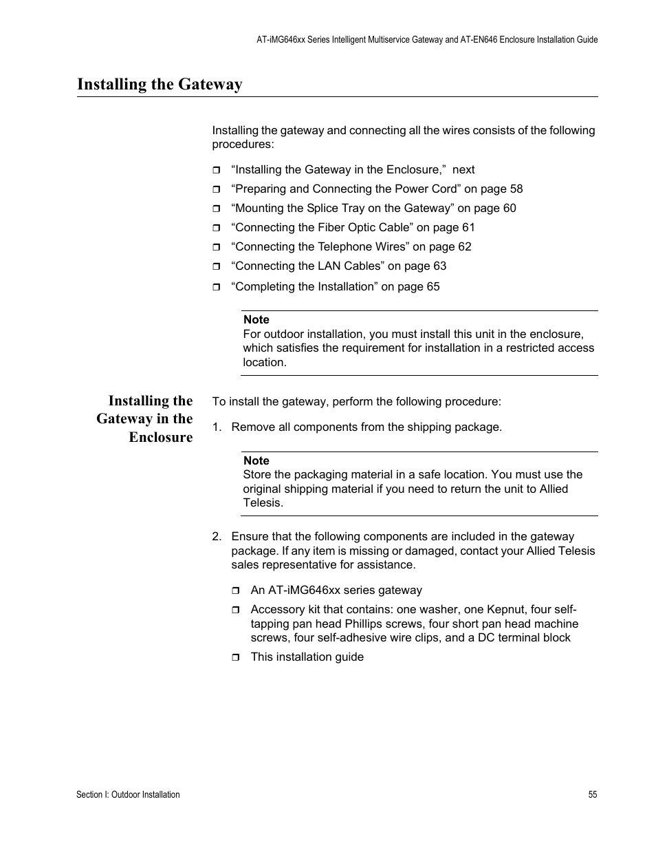 Installing the gateway, Installing the gateway in the enclosure, Remove all components from the shipping package | Allied Telesis AT-iMG646PX-ON User Manual | Page 55 / 98