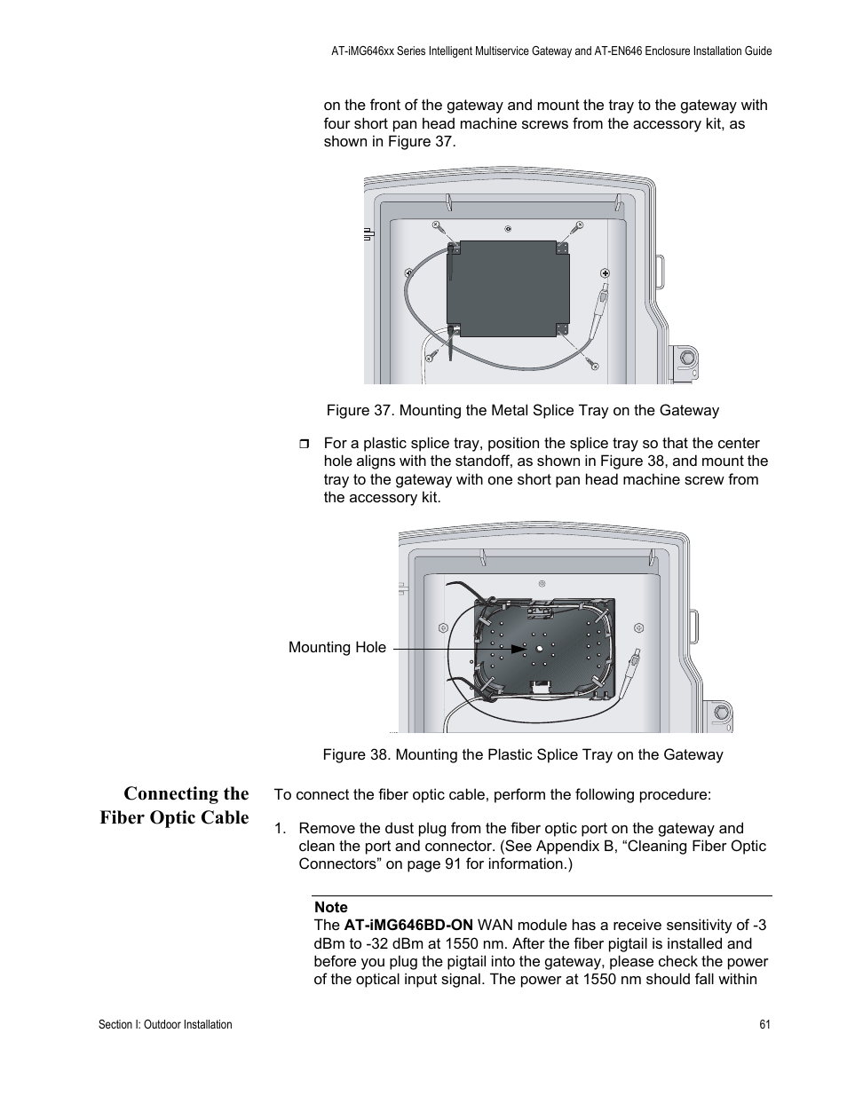 Connecting the fiber optic cable | Allied Telesis AT-iMG646PX-ON User Manual | Page 61 / 98