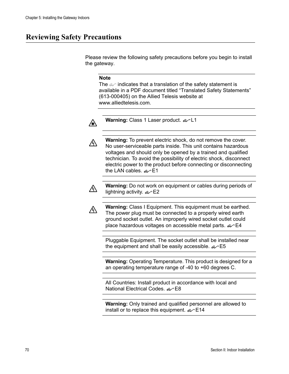 Reviewing safety precautions | Allied Telesis AT-iMG646PX-ON User Manual | Page 70 / 98