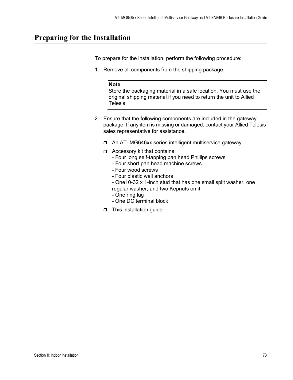 Preparing for the installation, Remove all components from the shipping package | Allied Telesis AT-iMG646PX-ON User Manual | Page 73 / 98