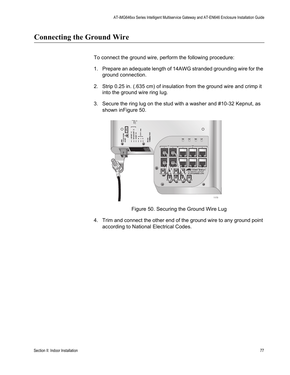 Connecting the ground wire | Allied Telesis AT-iMG646PX-ON User Manual | Page 77 / 98