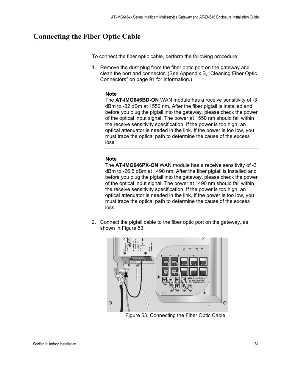 Connecting the fiber optic cable | Allied Telesis AT-iMG646PX-ON User Manual | Page 81 / 98