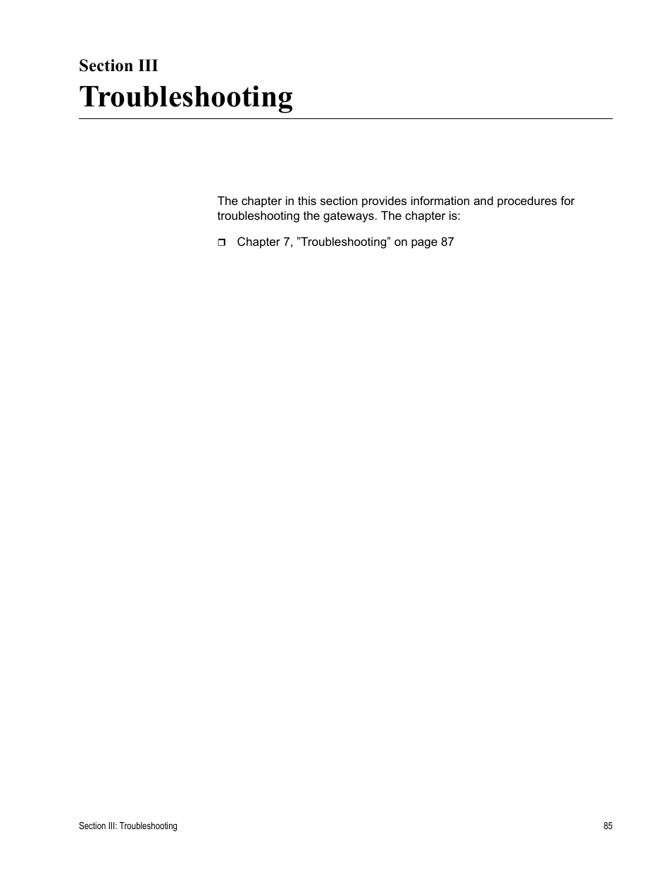 Section iii, Troubleshooting, Section iii: troubleshooting | Allied Telesis AT-iMG646PX-ON User Manual | Page 85 / 98