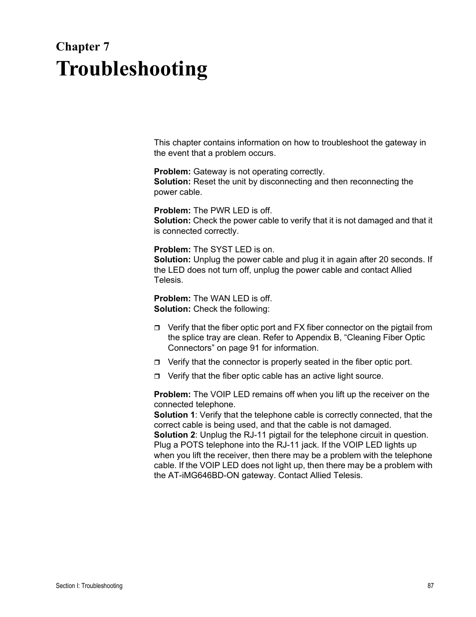 Chapter 7, Troubleshooting, R 7: troubleshooting | Allied Telesis AT-iMG646PX-ON User Manual | Page 87 / 98