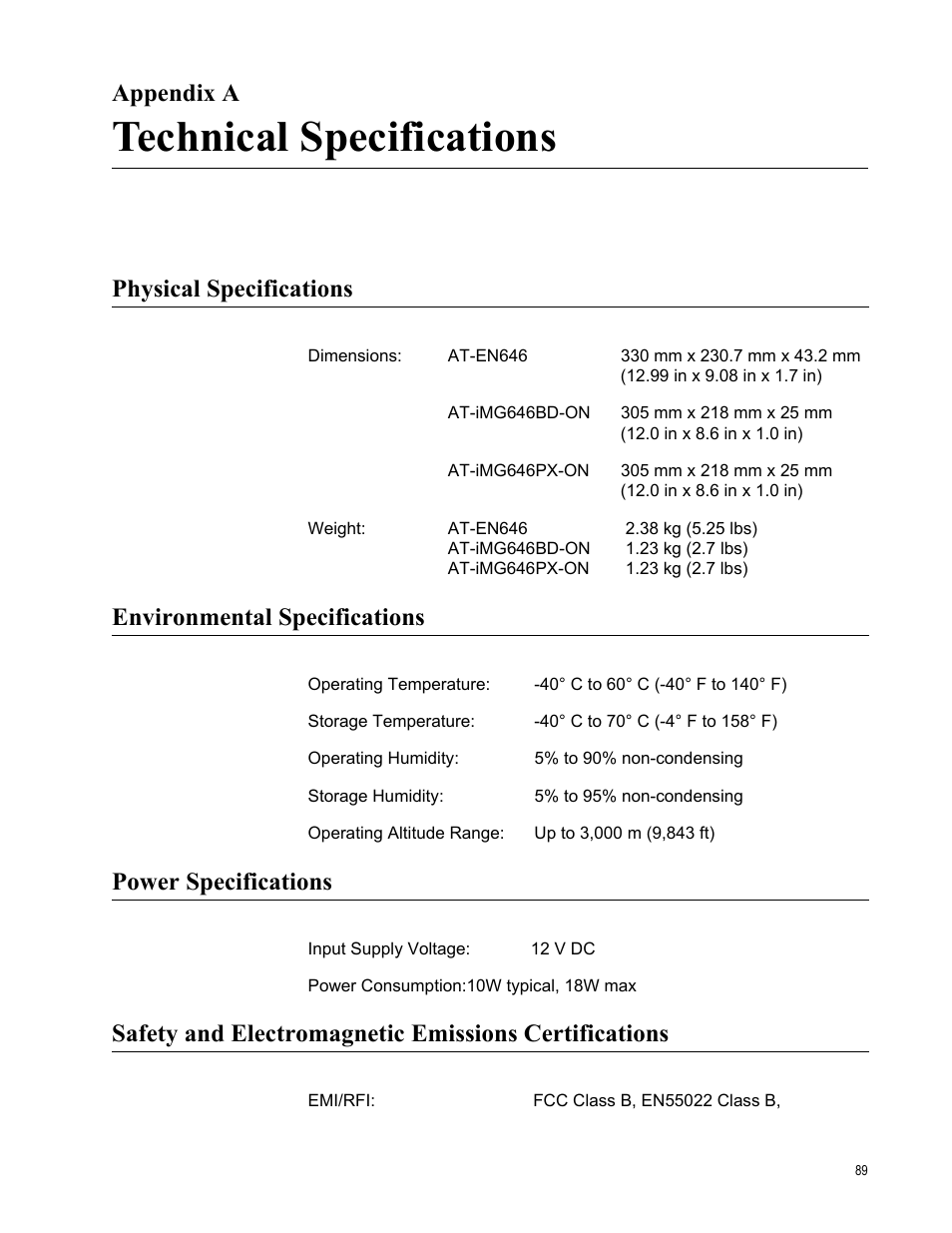 Appendix a, Technical specifications, Physical specifications | Environmental specifications, Power specifications, Appendix a: technical specifications | Allied Telesis AT-iMG646PX-ON User Manual | Page 89 / 98