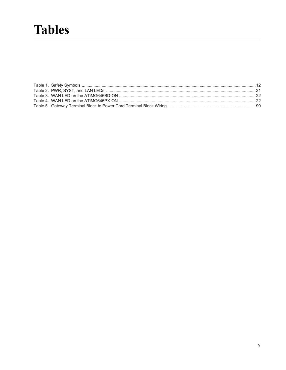 Table 1. safety symbols 12, Table 2. pwr, syst, and lan leds 21, Table 3. wan led on the atimg646bd-on 22 | Table 4. wan led on the atimg646px-on 22, Tables | Allied Telesis AT-iMG646PX-ON User Manual | Page 9 / 98