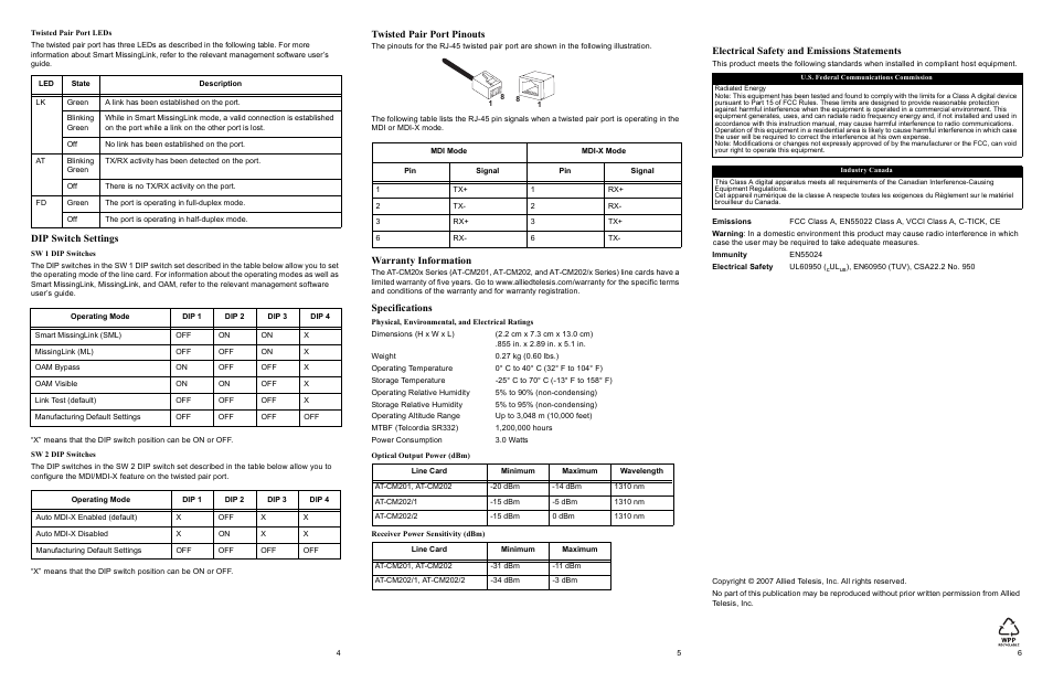 Dip switch settings, Twisted pair port pinouts, Warranty information | Specifications, Electrical safety and emissions statements | Allied Telesis AT-CM20x Series Converteon Line Cards User Manual | Page 2 / 2