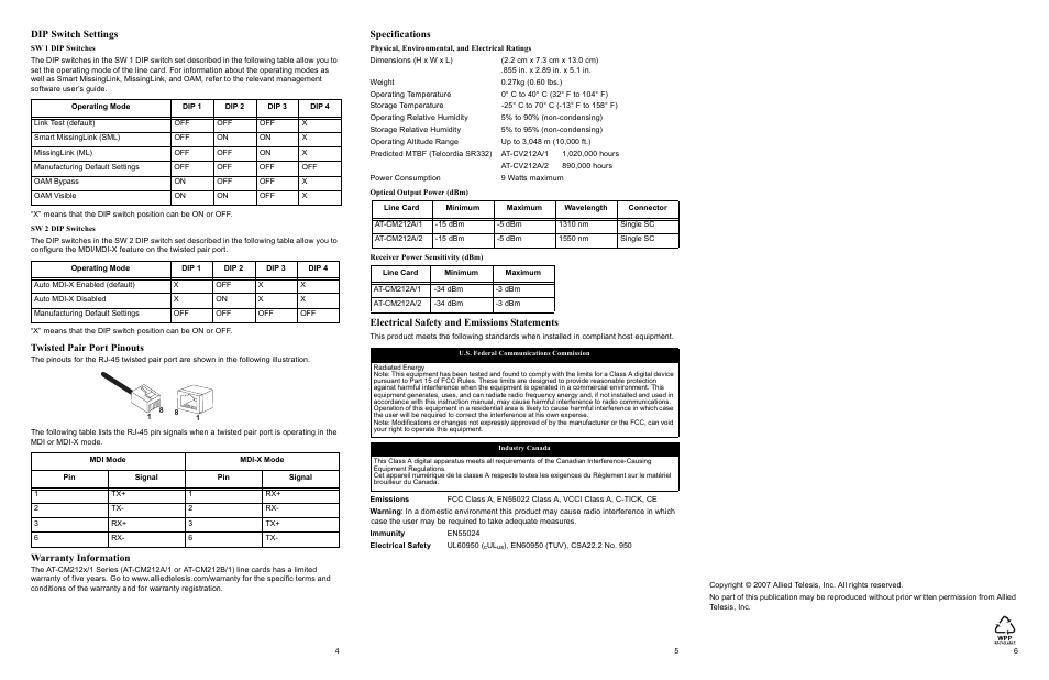 Dip switch settings, Twisted pair port pinouts, Warranty information | Specifications, Electrical safety and emissions statements | Allied Telesis AT-CM212x/1 Series Converteon Line Cards User Manual | Page 2 / 2