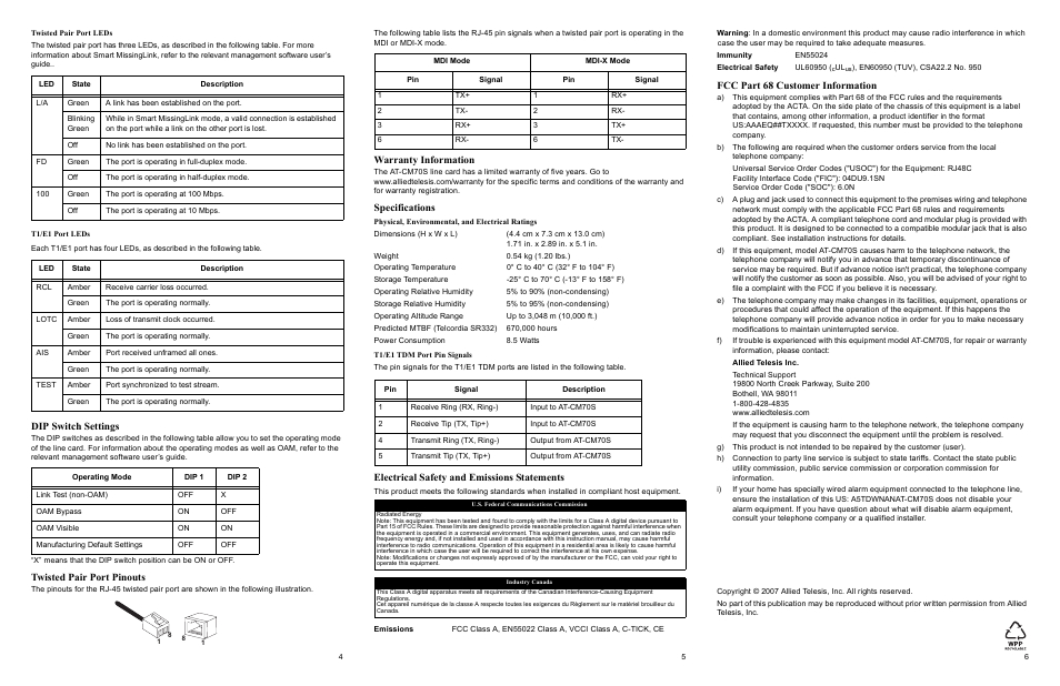 Dip switch settings, Twisted pair port pinouts, Warranty information | Specifications, Electrical safety and emissions statements, Fcc part 68 customer information | Allied Telesis AT-CM70S Converteon Line Cards User Manual | Page 2 / 2