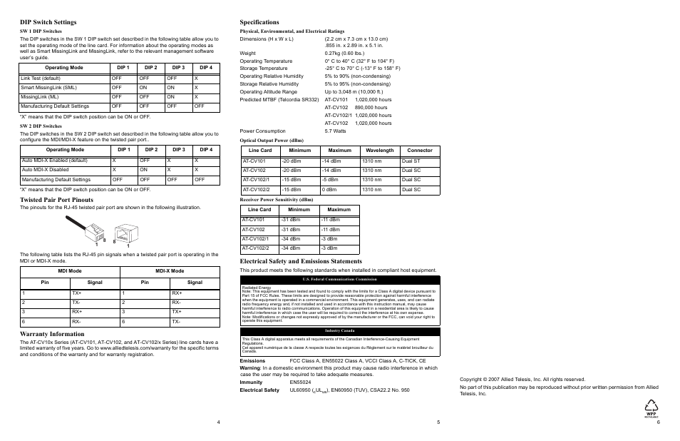 Dip switch settings, Twisted pair port pinouts, Warranty information | Specifications, Electrical safety and emissions statements | Allied Telesis AT-CV10x Series Converteon Line Cards User Manual | Page 2 / 2