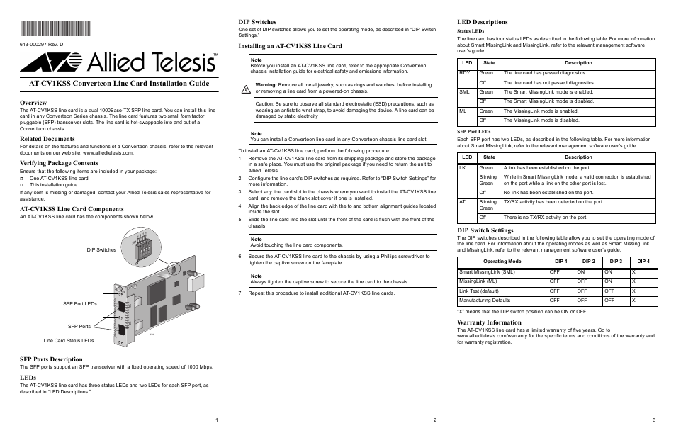 Allied Telesis AT-CV1KSS Converteon Line Card User Manual | 2 pages