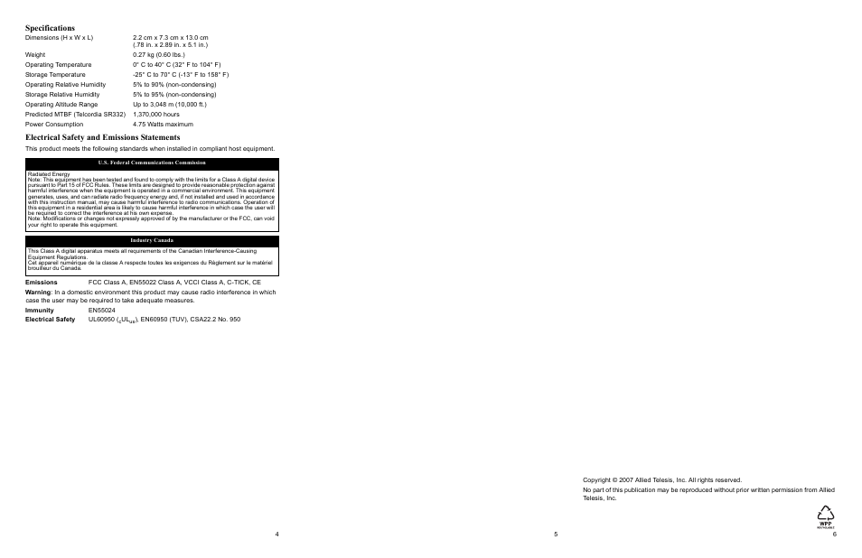 Specifications, Electrical safety and emissions statements | Allied Telesis AT-CV1KSS Converteon Line Card User Manual | Page 2 / 2