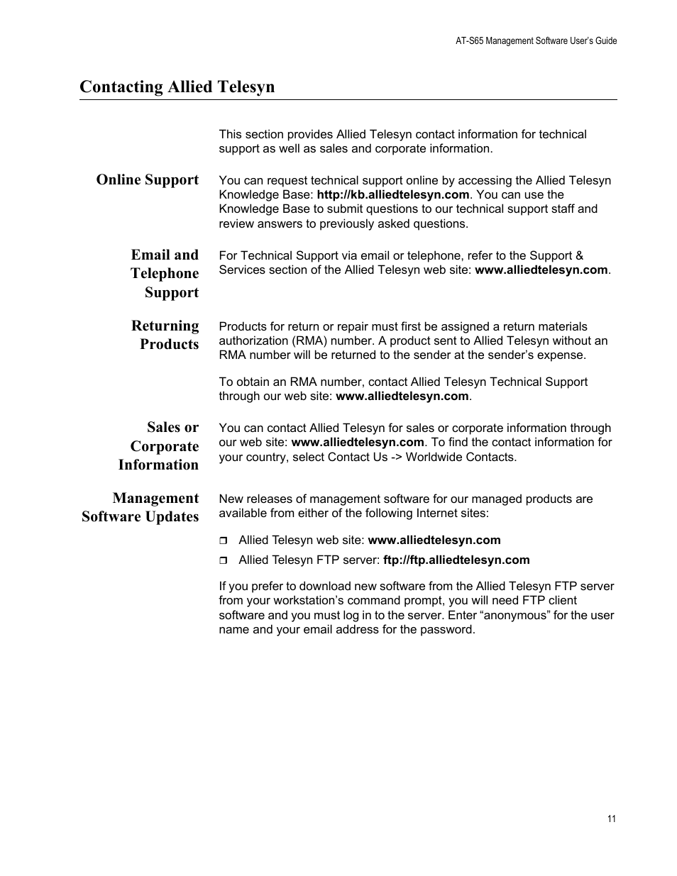 Contacting allied telesyn, Online support, Email and telephone support | Returning products, Sales or corporate information, Management software updates | Allied Telesis AT-S65 User Manual | Page 11 / 102