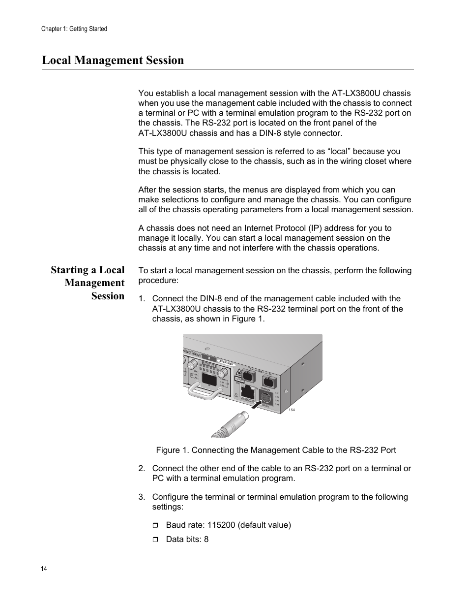 Local management session, Starting a local management session, Data bits: 8 | Chapter 1: getting started 14 | Allied Telesis AT-S65 User Manual | Page 14 / 102