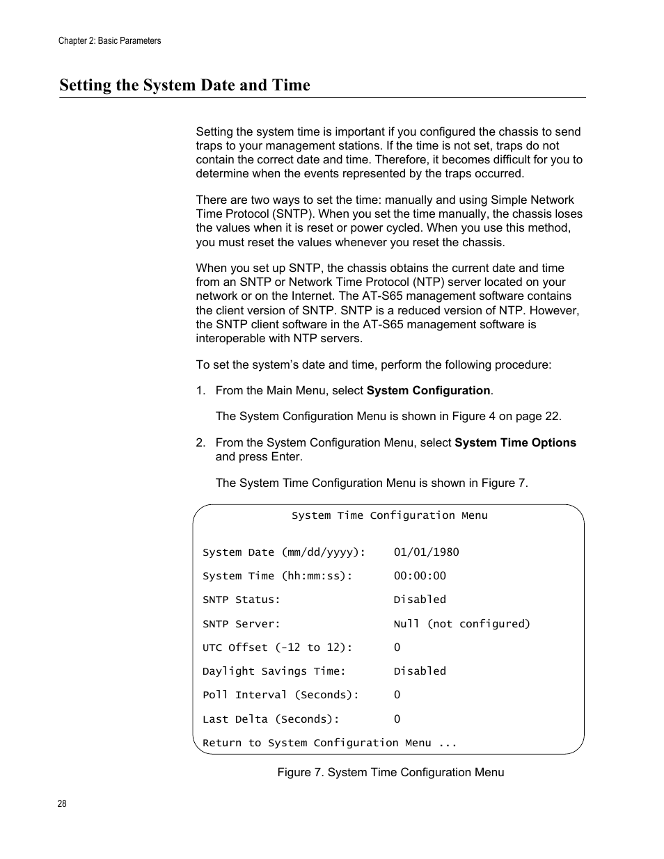 Setting the system date and time | Allied Telesis AT-S65 User Manual | Page 28 / 102
