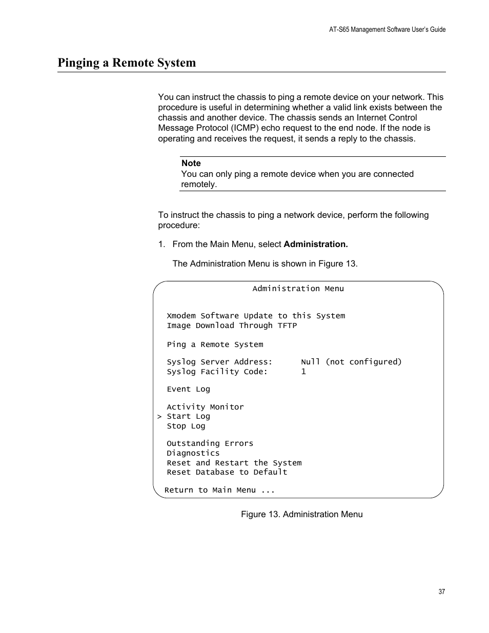 Pinging a remote system | Allied Telesis AT-S65 User Manual | Page 37 / 102