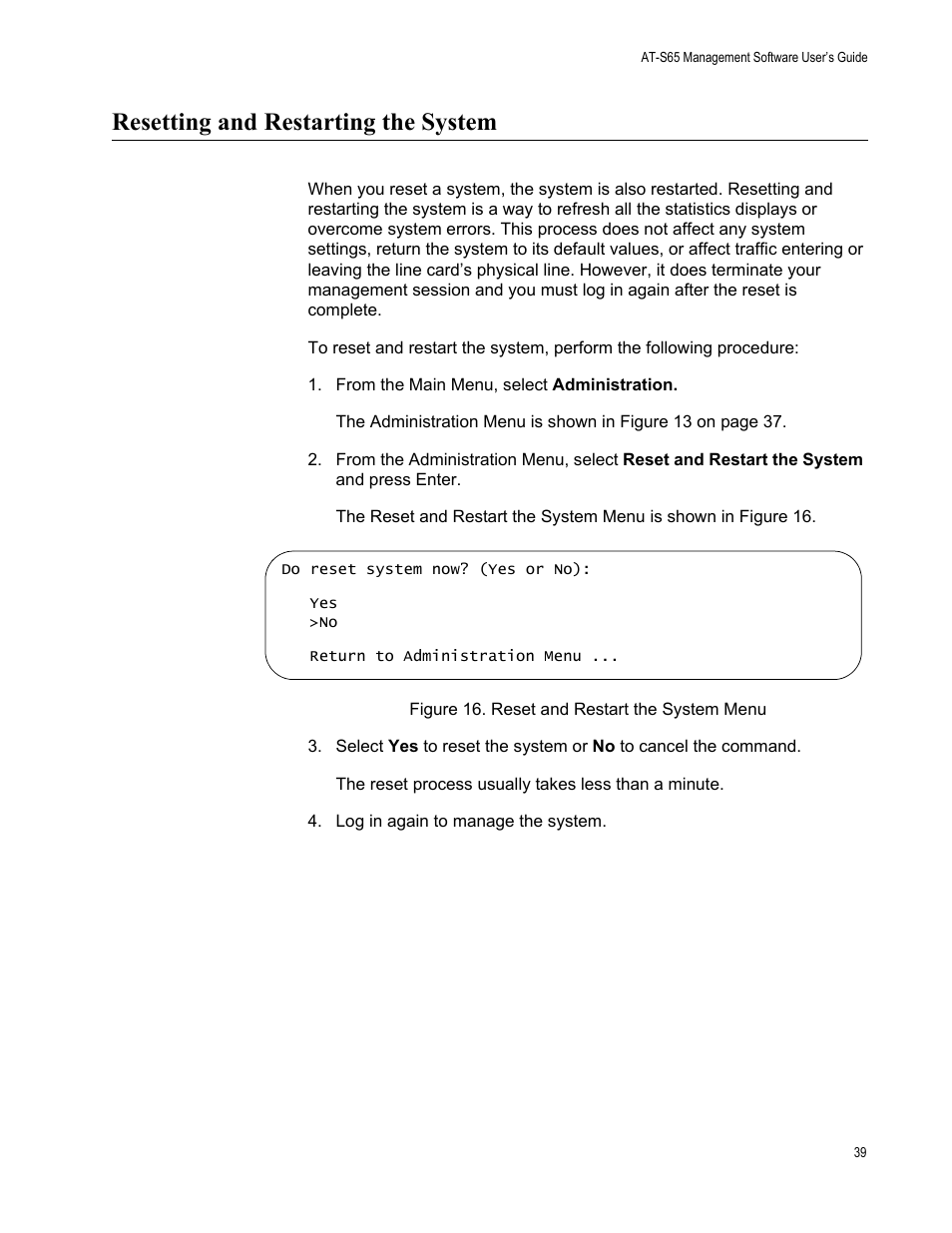 Resetting and restarting the system | Allied Telesis AT-S65 User Manual | Page 39 / 102