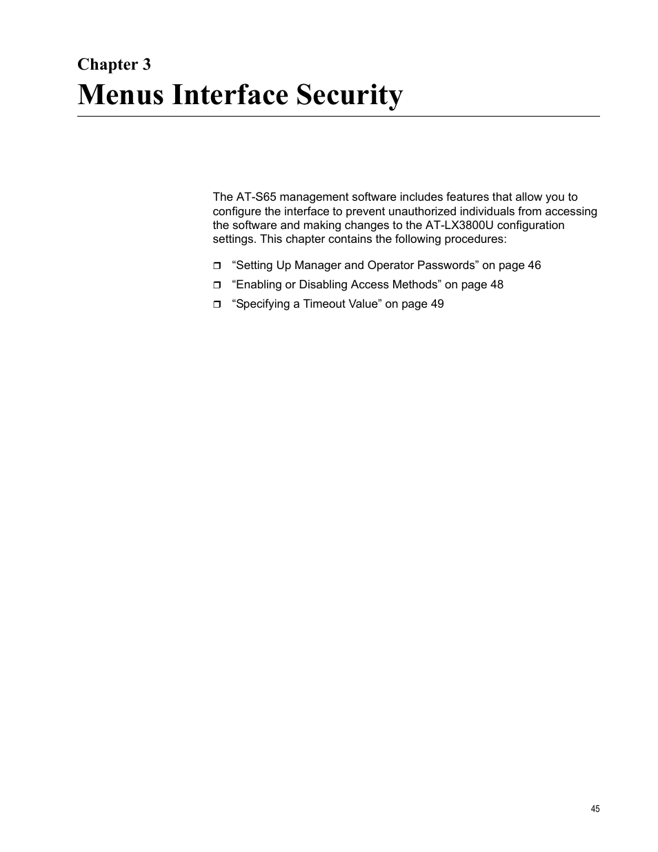 Chapter 3, Menus interface security, R 3: menus interface security | Allied Telesis AT-S65 User Manual | Page 45 / 102