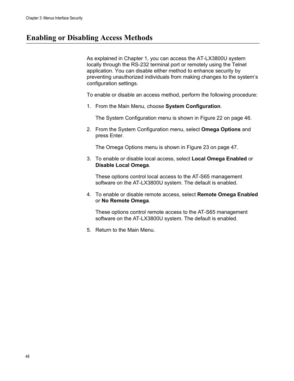 Enabling or disabling access methods | Allied Telesis AT-S65 User Manual | Page 48 / 102