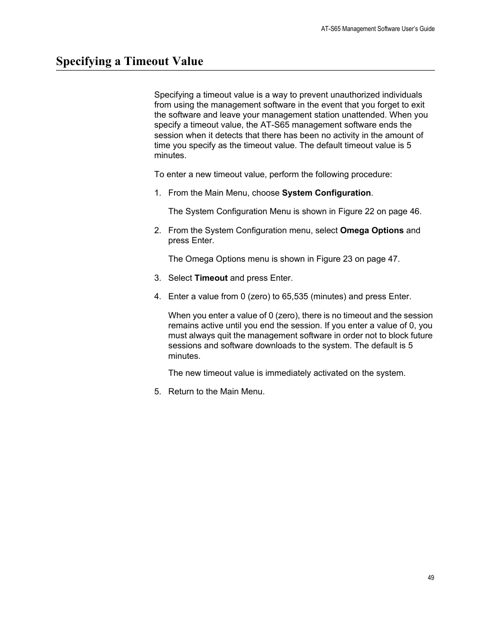 Specifying a timeout value | Allied Telesis AT-S65 User Manual | Page 49 / 102