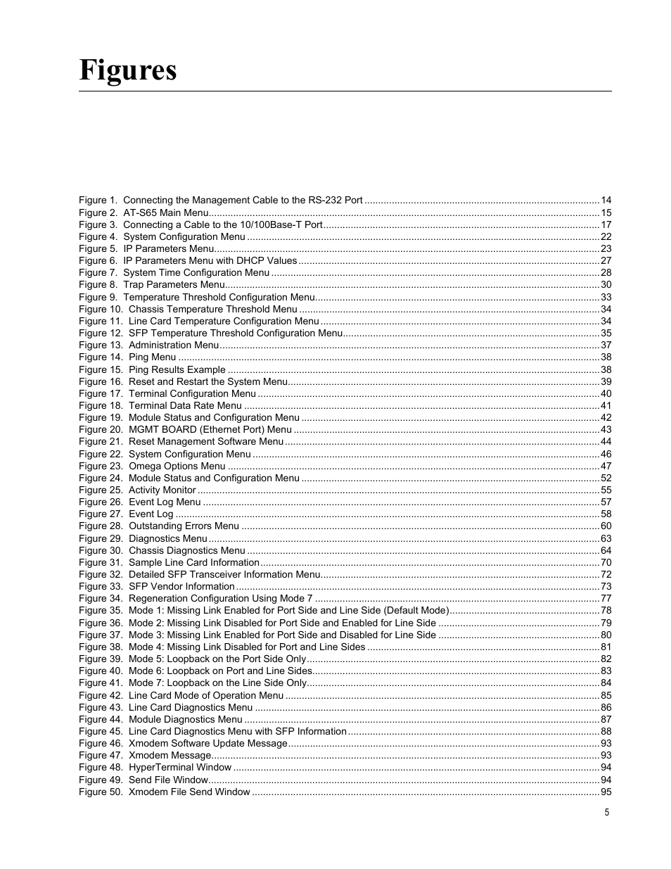 Figure 2. at-s65 main menu 15, Figure 4. system configuration menu 22, Figure 5. ip parameters menu 23 | Figure 6. ip parameters menu with dhcp values 27, Figure 7. system time configuration menu 28, Figure 8. trap parameters menu 30, Figure 10. chassis temperature threshold menu 34, Figure 13. administration menu 37, Figure 14. ping menu 38, Figure 15. ping results example 38 | Allied Telesis AT-S65 User Manual | Page 5 / 102