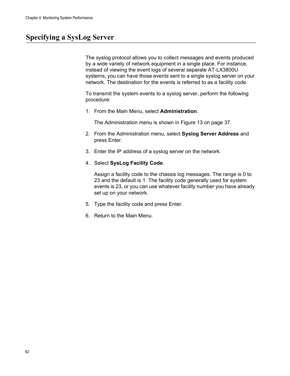 Specifying a syslog server | Allied Telesis AT-S65 User Manual | Page 62 / 102