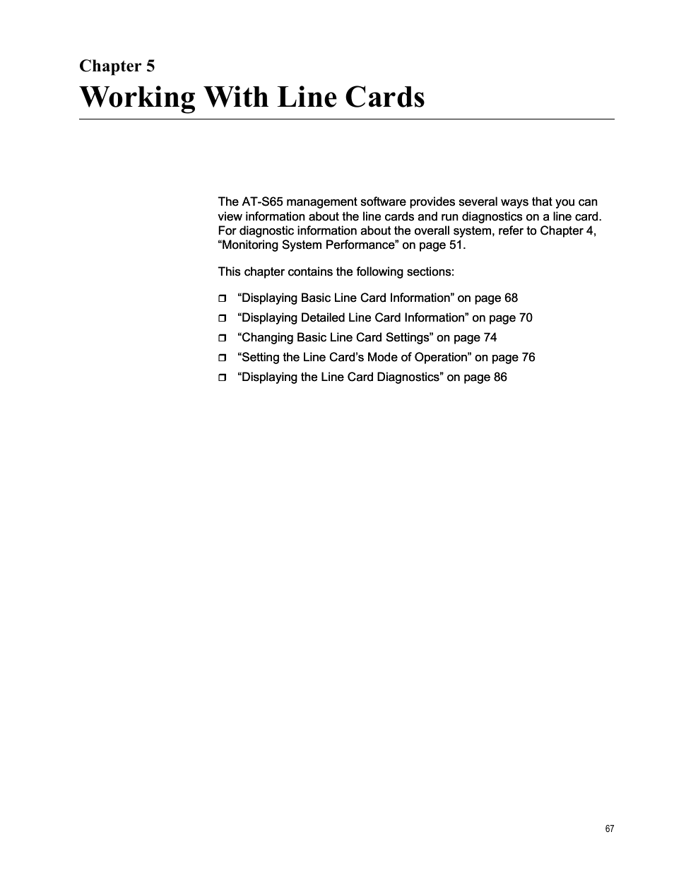 Chapter 5, Working with line cards | Allied Telesis AT-S65 User Manual | Page 67 / 102