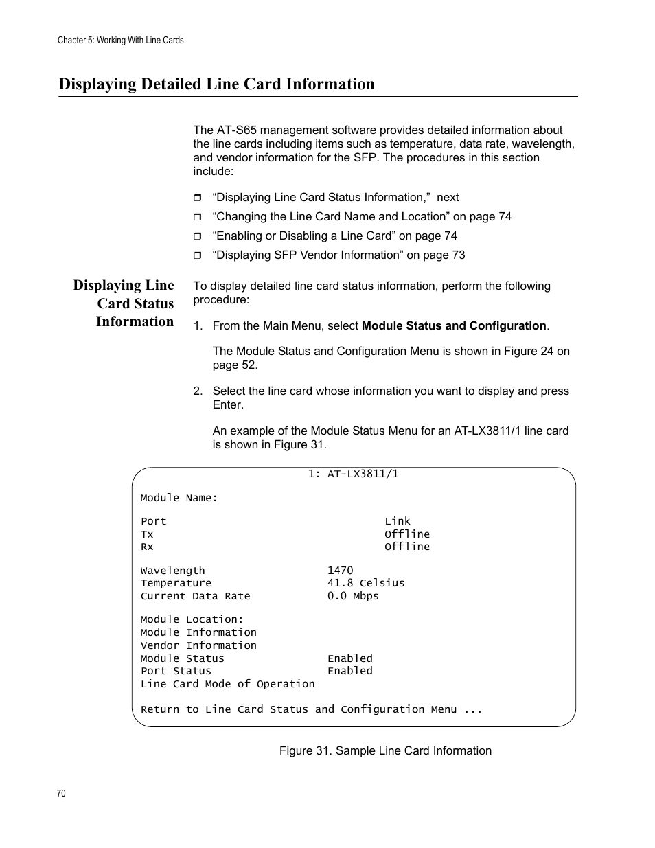 Displaying detailed line card information, Displaying line card status information | Allied Telesis AT-S65 User Manual | Page 70 / 102