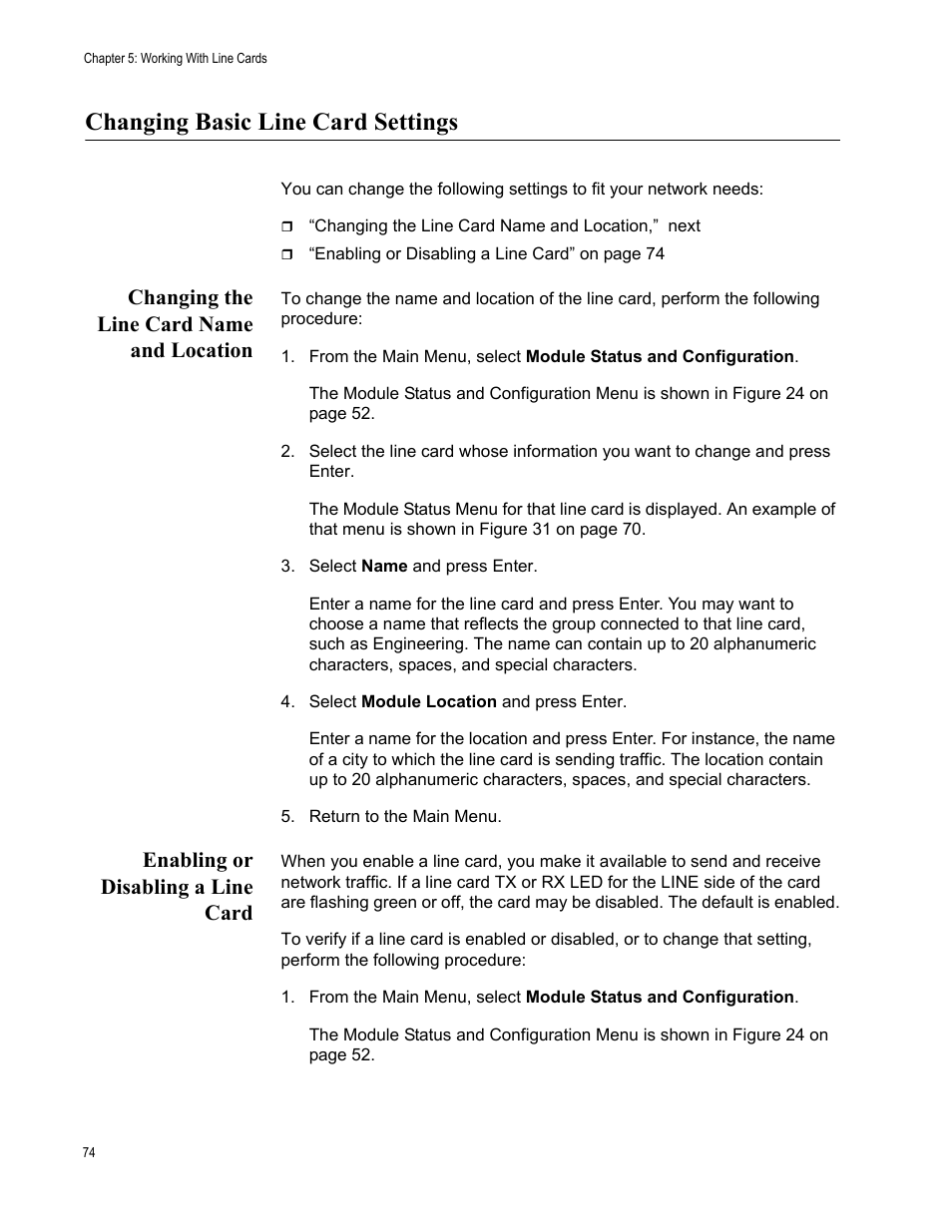 Changing basic line card settings, Changing the line card name and location, Enabling or disabling a line card | Allied Telesis AT-S65 User Manual | Page 74 / 102