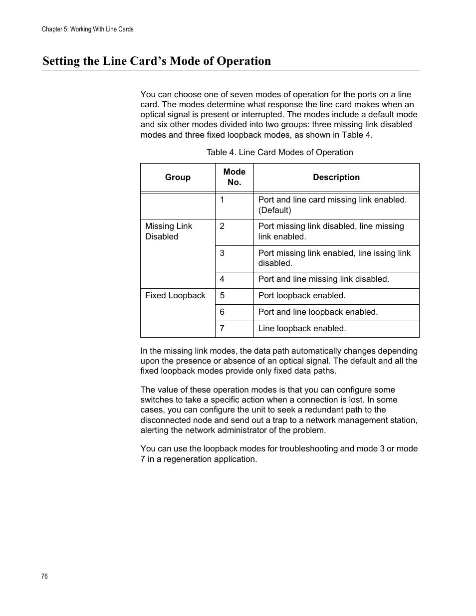 Setting the line card’s mode of operation, Line card modes of operation | Allied Telesis AT-S65 User Manual | Page 76 / 102