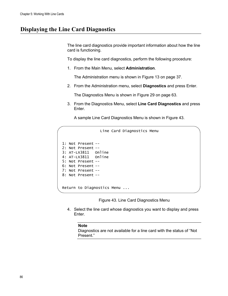 Displaying the line card diagnostics | Allied Telesis AT-S65 User Manual | Page 86 / 102