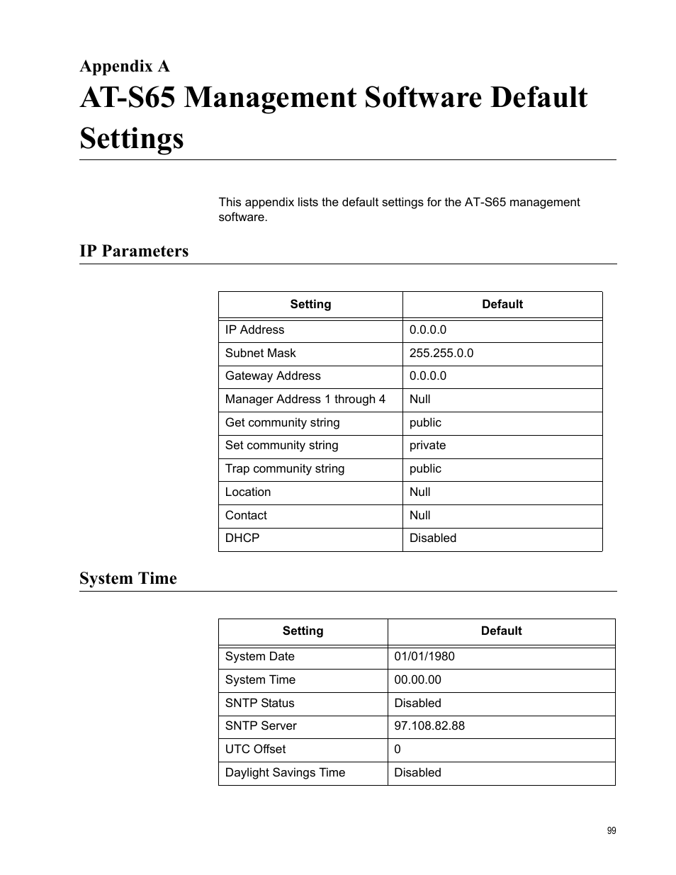 Appendix a, At-s65 management software default settings, Ip parameters | System time, Ip parameters system time | Allied Telesis AT-S65 User Manual | Page 99 / 102