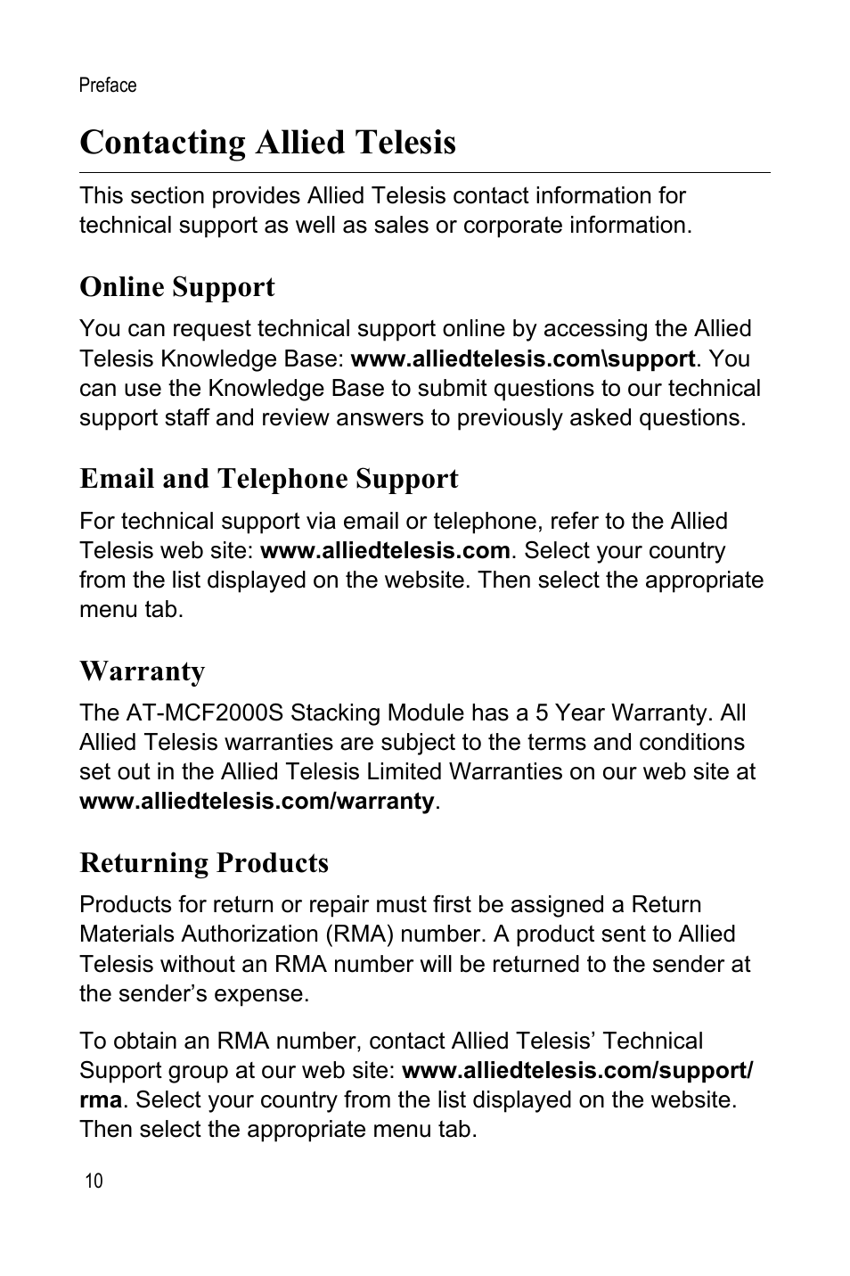 Contacting allied telesis, Online support, Email and telephone support | Warranty, Returning products | Allied Telesis AT-MCF2000S User Manual | Page 10 / 32