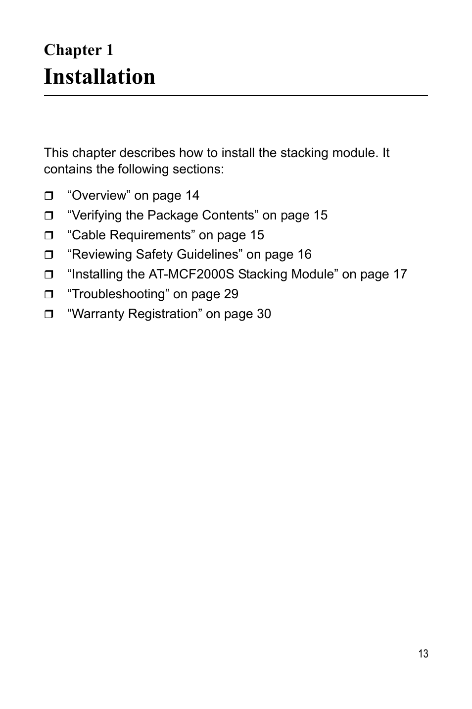 Chapter 1, Installation, Chap | Allied Telesis AT-MCF2000S User Manual | Page 13 / 32