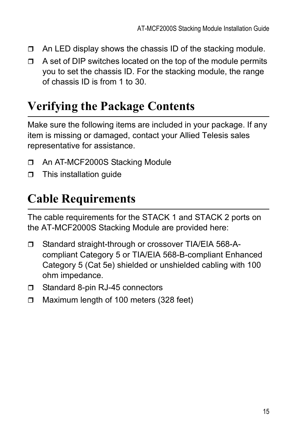 Verifying the package contents, Cable requirements, Verifying the package contents cable requirements | Allied Telesis AT-MCF2000S User Manual | Page 15 / 32