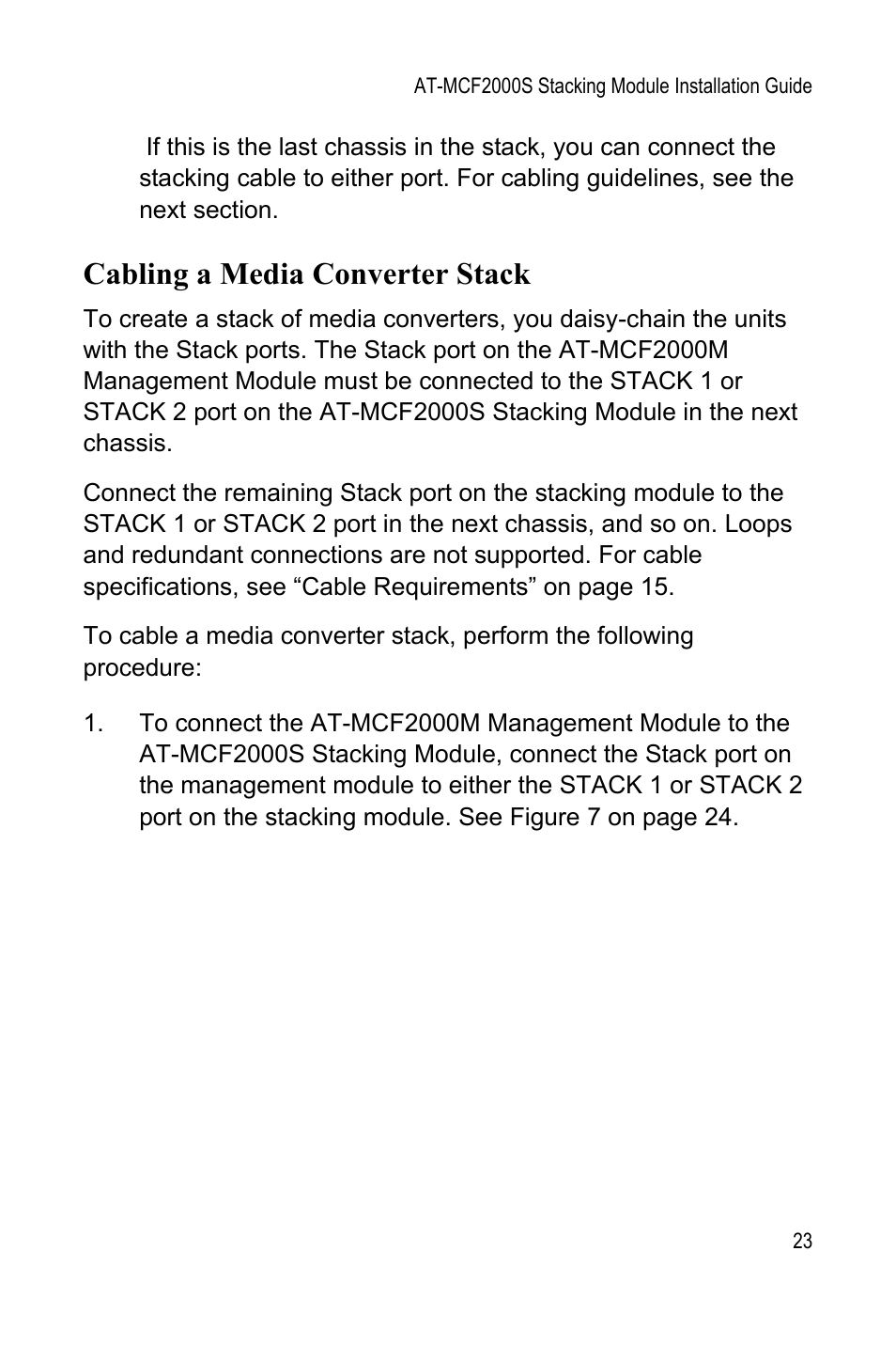 Cabling a media converter stack | Allied Telesis AT-MCF2000S User Manual | Page 23 / 32