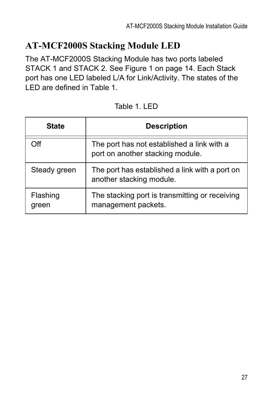 At-mcf2000s stacking module led | Allied Telesis AT-MCF2000S User Manual | Page 27 / 32