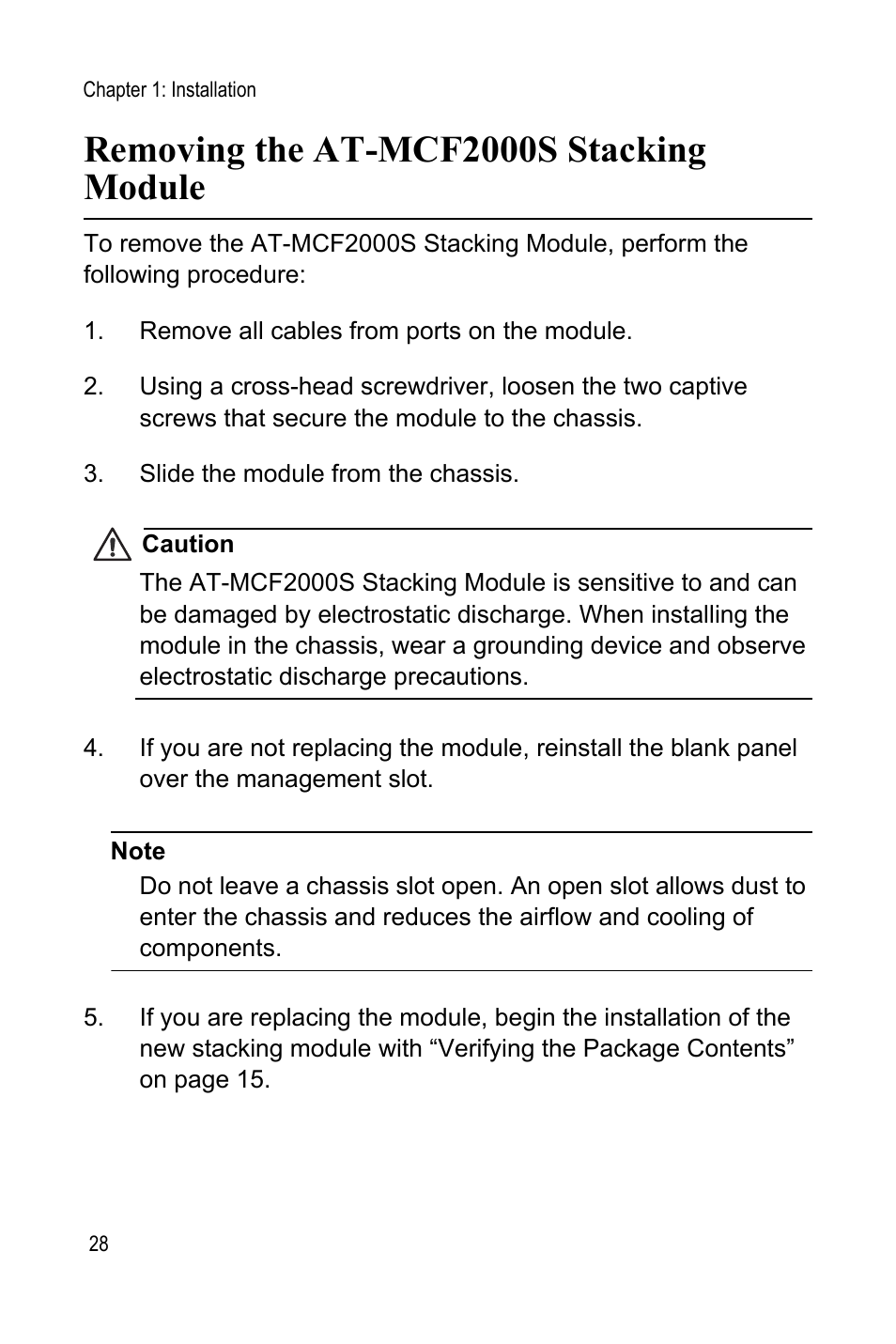 Removing the at-mcf2000s stacking module | Allied Telesis AT-MCF2000S User Manual | Page 28 / 32