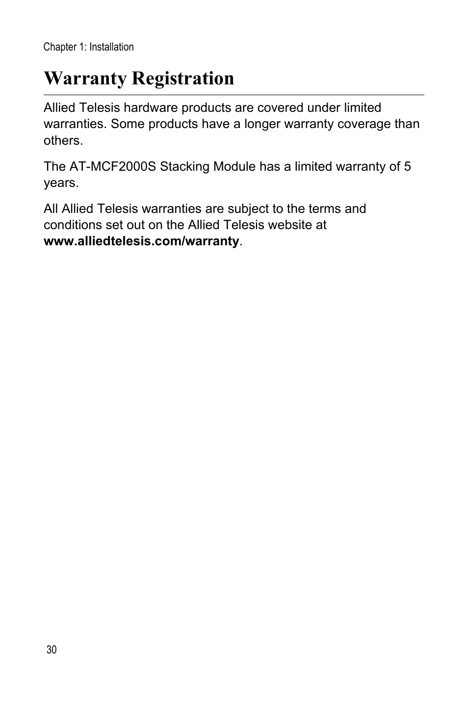 Warranty registration | Allied Telesis AT-MCF2000S User Manual | Page 30 / 32