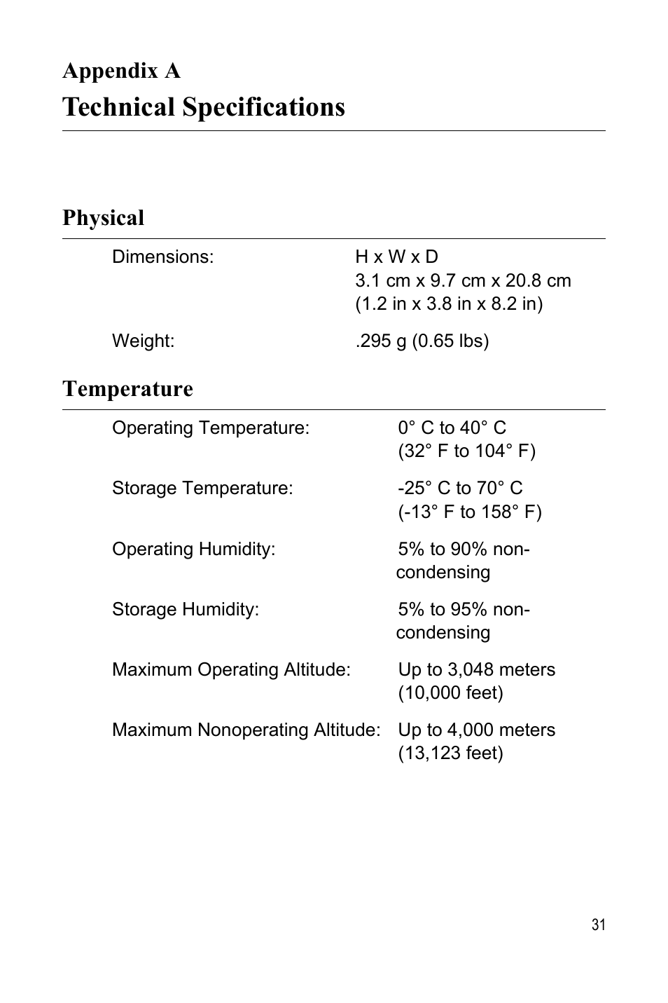 Appendix a, Technical specifications, Physical | Temperature, Appendix a: technical specifications, Physical temperature | Allied Telesis AT-MCF2000S User Manual | Page 31 / 32