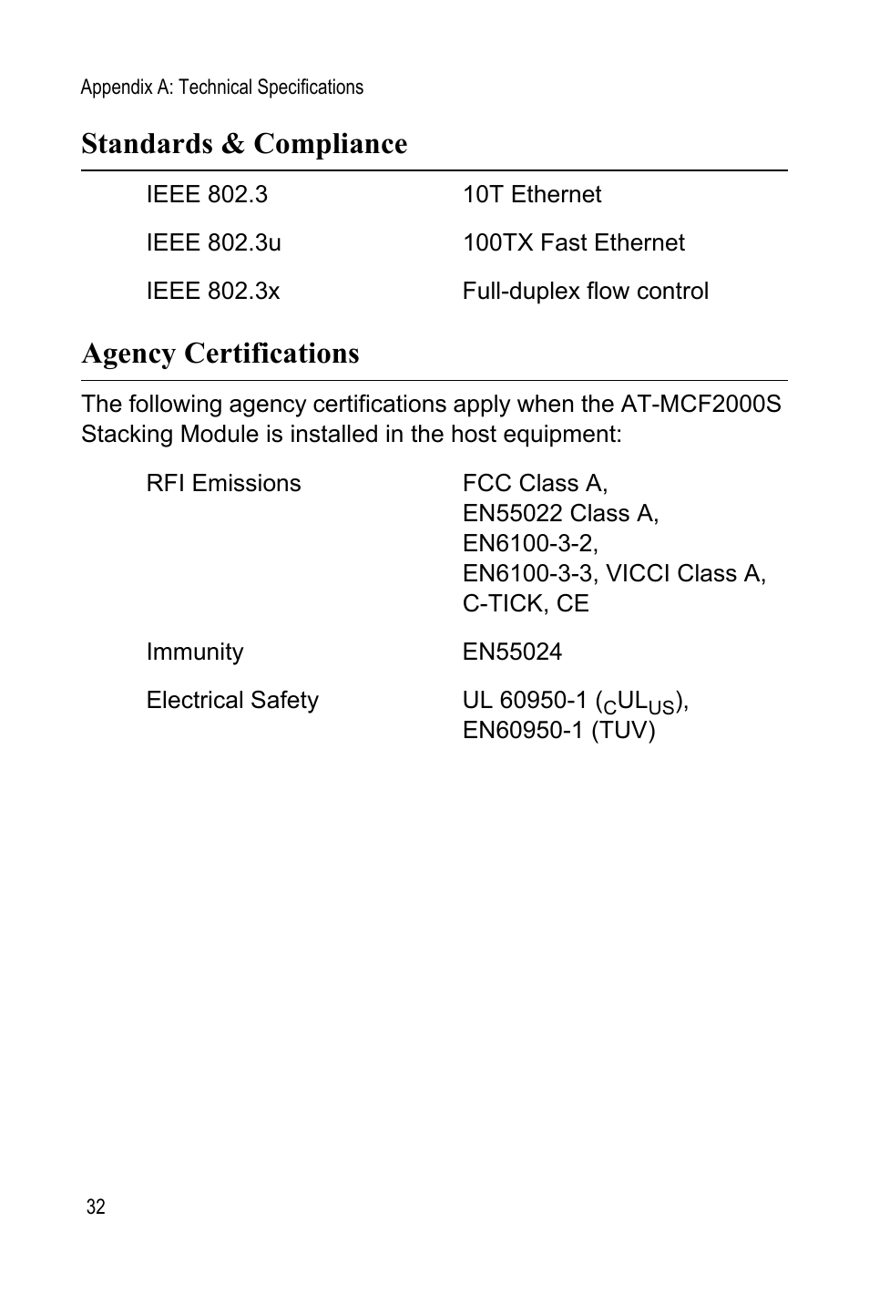 Standards & compliance, Agency certifications, Standards & compliance agency certifications | Allied Telesis AT-MCF2000S User Manual | Page 32 / 32