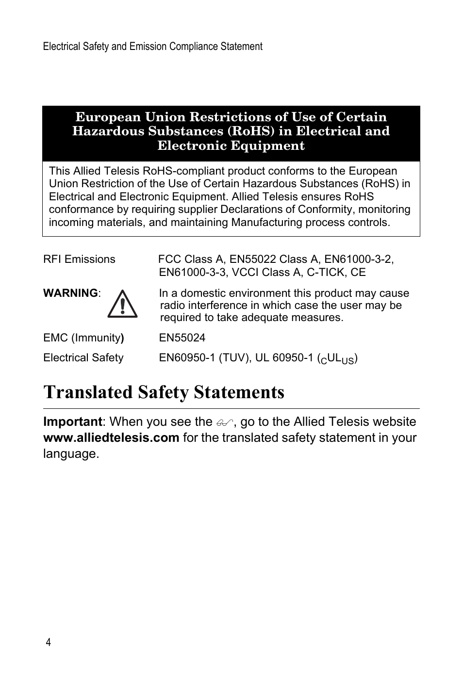 Translated safety statements | Allied Telesis AT-MCF2000S User Manual | Page 4 / 32