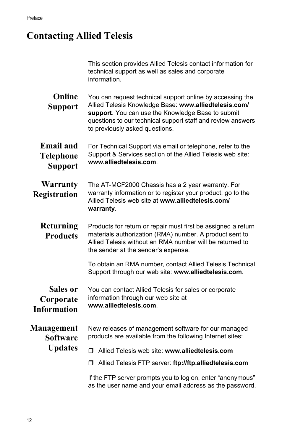 Contacting allied telesis, Online support, Email and telephone support | Warranty registration, Returning products, Sales or corporate information, Management software updates | Allied Telesis AT-MCF2000 User Manual | Page 12 / 48