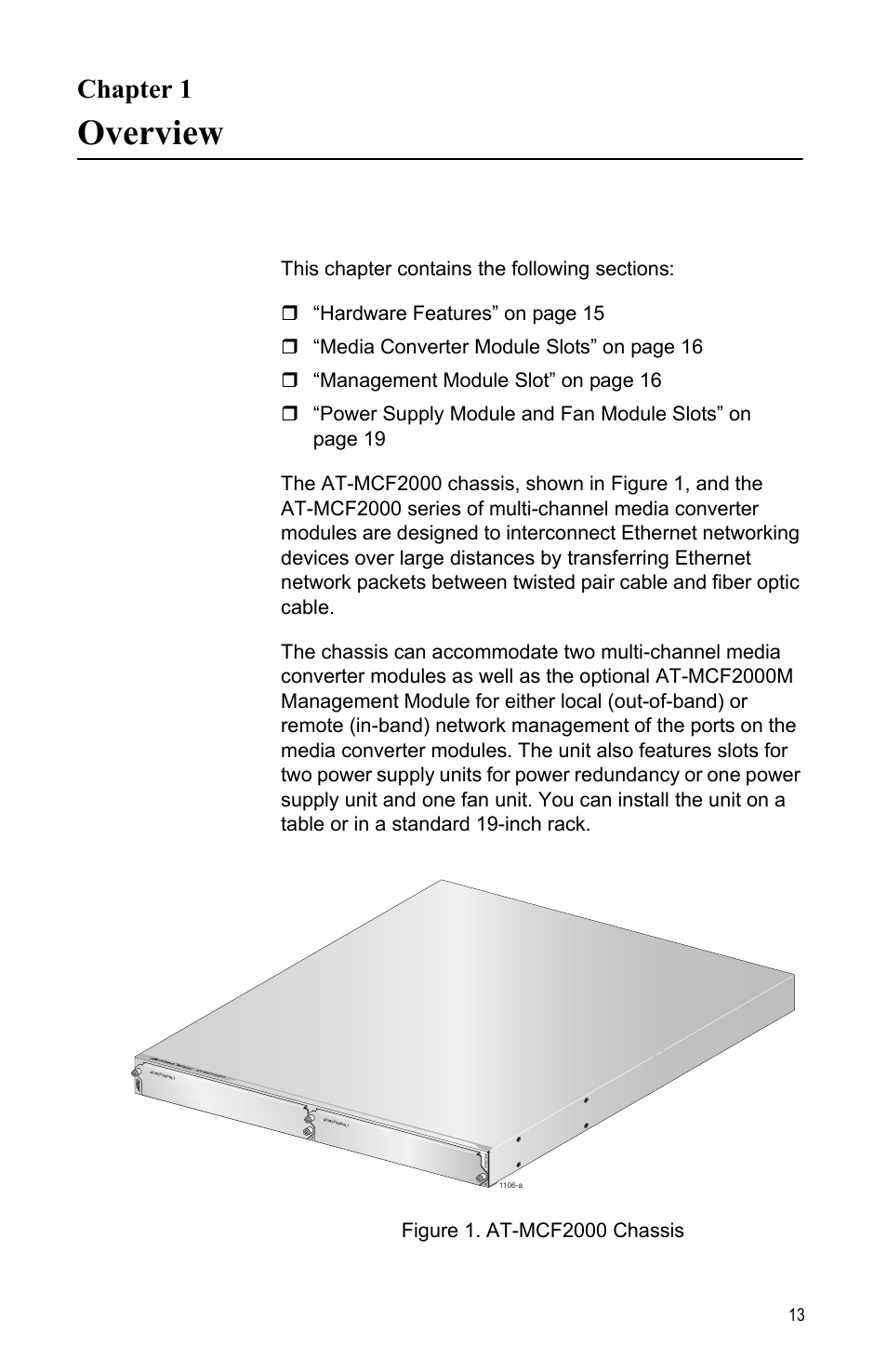Chapter 1, Overview, Ter 1: overview | Figure 1: at-mcf2000 chassis | Allied Telesis AT-MCF2000 User Manual | Page 13 / 48