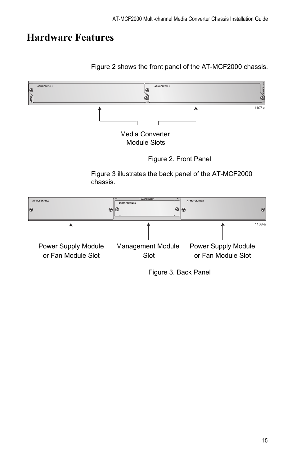 Hardware features, Figure 2: front panel figure 3: back panel, Or fan module slot power supply module | Allied Telesis AT-MCF2000 User Manual | Page 15 / 48