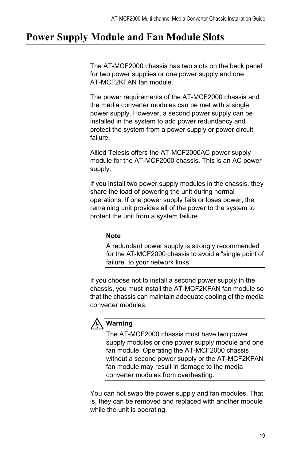 Power supply module and fan module slots | Allied Telesis AT-MCF2000 User Manual | Page 19 / 48