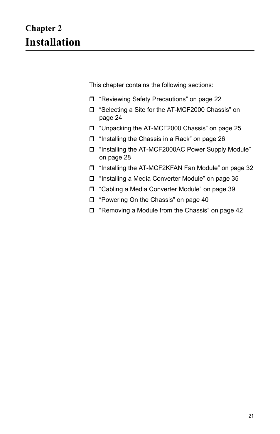 Chapter 2, Installation, Ter 2: installation | Allied Telesis AT-MCF2000 User Manual | Page 21 / 48