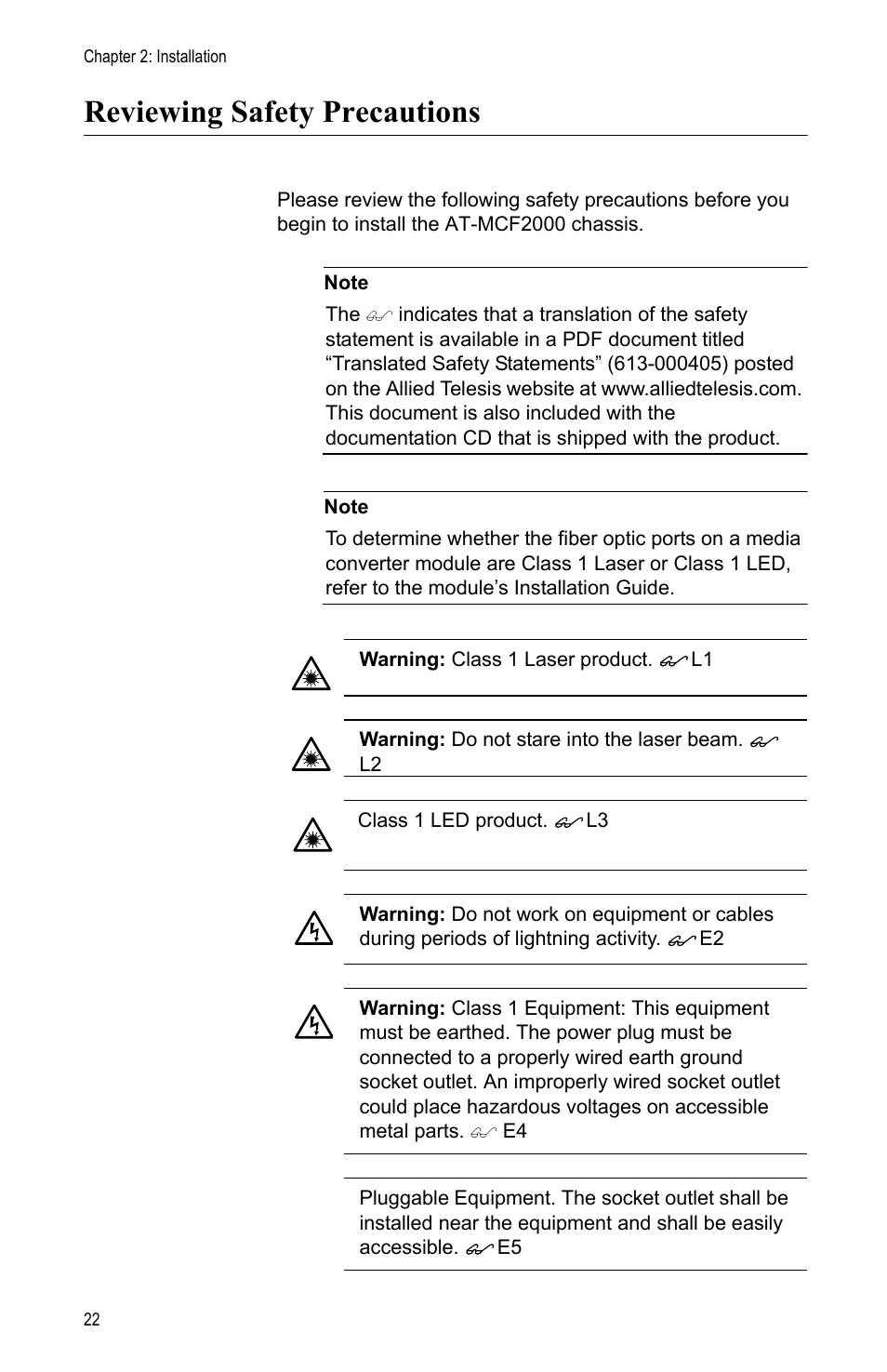 Reviewing safety precautions | Allied Telesis AT-MCF2000 User Manual | Page 22 / 48